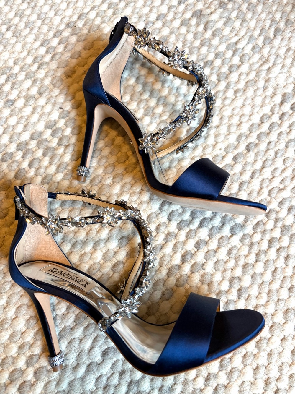Badgley Mischka Navy Satin Crystal-Embellished T-Strap Heels